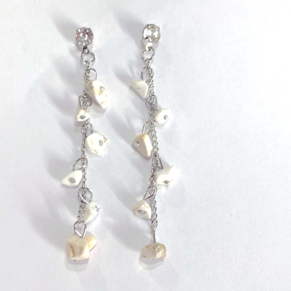 Drop Earrings White Semi Precious Stones Silver Tone Rhinestone - Picture 2 of 5